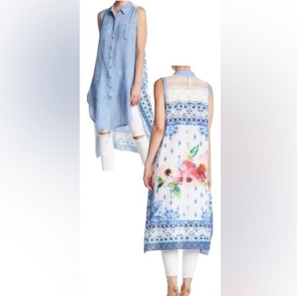 NWT Aratta Silent Journey Isola Bella Linen Cotton Gingham Tunic Duster Blue LRG - Picture 2 of 8